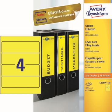 Ordner-Etiketten 192x61mm gelb 100 Blatt/400 Etiketten Ordner-Etiketten 192x61mm gelb 100 Blatt/400 Etiketten - Bild-Darstellung des Produktes 1