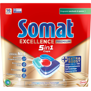 Somat Excellence Premium 5in1 Spülmaschinen Caps, EXTRA BOOST 1 Packung = 16 Caps, 297,6g - Bild-Darstellung des Produktes 1