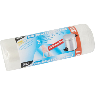 Müllbeutel mit Tragegriffen - 20 L HDPE transparent 20 Stück. Müllbeutel mit Tragegriffen - 20 L HDPE transparent 20 Stück. - Bild-Darstellung des Produktes 1