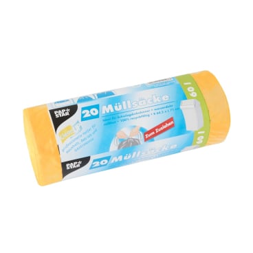 Müllbeutel mit Zugband - 60 L HDPE gelb 20 Stück. Müllbeutel mit Zugband - 60 L HDPE gelb 20 Stück. - Bild-Darstellung des Produktes 1