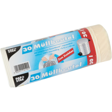 Müllbeutel mit Zugband - 30 L LDPE weiß 30 Stück. Müllbeutel mit Zugband - 30 L LDPE weiß 30 Stück. - Bild-Darstellung des Produktes 1