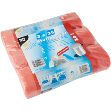 Müllbeutel mit Zugband - 30 L HDPE rot 3x 25 Stück. Müllbeutel mit Zugband - 30 L HDPE rot 3x 25 Stück. - Bild-Darstellung des Produktes 1
