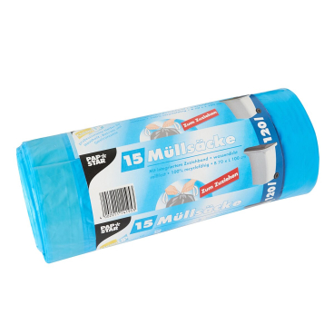 Müllsäcke mit Zugband - 120 L LDPE blau 15 Stück. Müllsäcke mit Zugband - 120 L LDPE blau 15 Stück. - Bild-Darstellung des Produktes 1