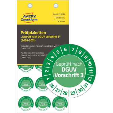 Prüfplaketten Geprueft nach DGUV 2026-2031 NoPeel 20mm 120 Stück Prüfplaketten Geprueft nach DGUV 2026-2031 NoPeel 20mm 120 Stück - Bild-Darstellung des Produktes 1