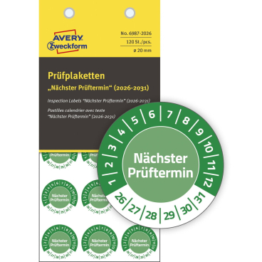 Prüfplaketten Nächster Prüftermin 2026-2031 Vinyl 20mm 120 Stück Prüfplaketten Nächster Prüftermin 2026-2031 Vinyl 20mm 120 Stück - Bild-Darstellung des Produktes 1