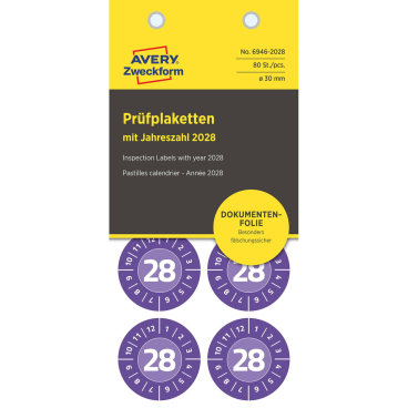 Prüfplaketten 2028 NoPeel 30mm 80 Stück Prüfplaketten 2028 NoPeel 30mm 80 Stück - Bild-Darstellung des Produktes 1