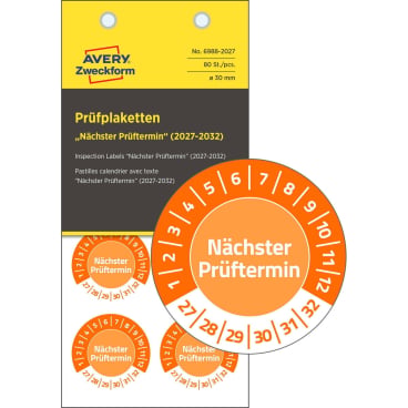 Prüfplaketten Nächster Prüftermin 2027-2032 Vinyl 30mm 80 Stück Prüfplaketten Nächster Prüftermin 2027-2032 Vinyl 30mm 80 Stück - Bild-Darstellung des Produktes 1
