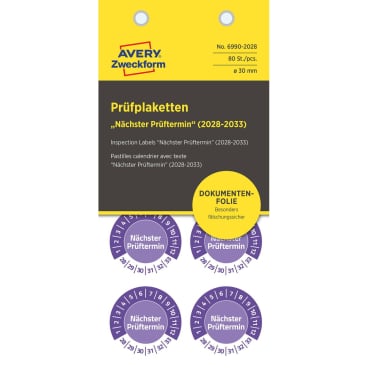 Prüfplaketten Nächster Prüftermin 2028-2033 NoPeel 30mm 80 Stück Prüfplaketten Nächster Prüftermin 2028-2033 NoPeel 30mm 80 Stück - Bild-Darstellung des Produktes 1