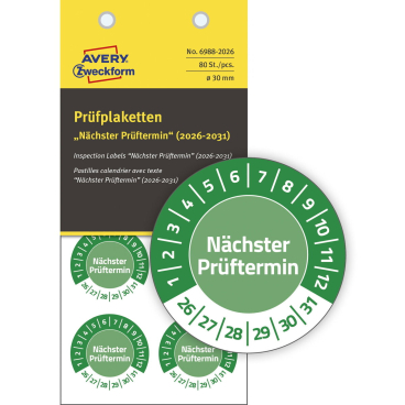 Prüfplaketten Nächster Prüftermin 2026-2031 Vinyl 30mm 80 Stück Prüfplaketten Nächster Prüftermin 2026-2031 Vinyl 30mm 80 Stück - Bild-Darstellung des Produktes 1