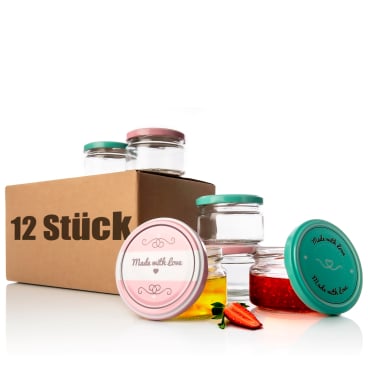 BigDean 12er Set Einmachgläser mit Deckel in rosa und Pastell-grün in Made with Love Stil Vorratsglas - Bild-Darstellung des Produktes 1