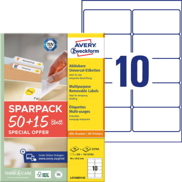 Etikett 96X50,8mm A4 ILK wiederablösbar 50+15 Blatt 650 Stück Etikett 96X50,8mm A4 ILK wiederablösbar 50+15 Blatt 650 Stück - Bild-Darstellung des Produktes 1