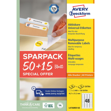 Etikett 45,7x21,2mm A4 ILK wiederablösbar 50+15 Blatt 3120 Stück Etikett 45,7x21,2mm A4 ILK wiederablösbar 50+15 Blatt 3120 Stück - Bild-Darstellung des Produktes 1