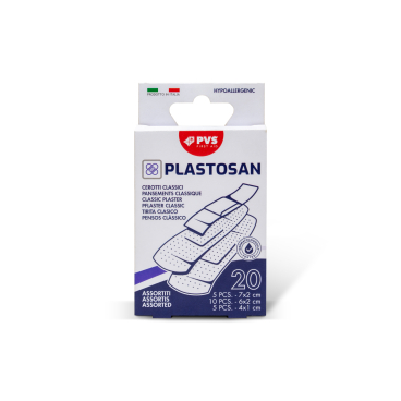 Sortiment Pflaster Box mit 20 assortierten Pflastern PLASTOSAN:

5 Streifen 70 × 20 mm
10 Streifen 60 × 20 mm
5 Streifen 40 × 10 mm - Bild-Darstellung des Produktes 1