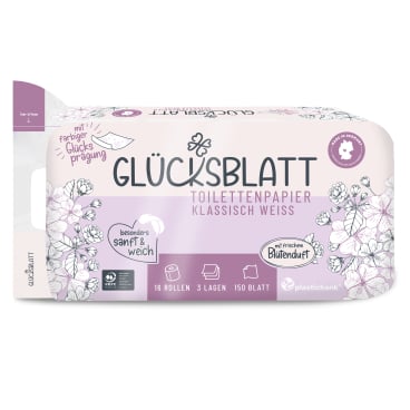 Fripa Glücksblatt Toilettenpapier Blütenduft, 3-lagig, weiß 1 Packung = 16 Rollen à 150 Blatt - Bild-Darstellung des Produktes 1
