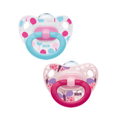 NUK Classic Happy Days Schnuller, Silikonschnuller mit Kiefergerechter Form, 1 Packung = 2 Stück, Größe: 1 (0-6 Monate), farbig sortiert 10175150
