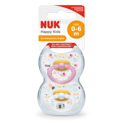 NUK Classic Happy Kids Latex-Schnuller, Latex-Babysauger mit kiefergerechter Form, 1 Packung = 2 Stück, Größe: 1 (0-6 Monate), farbig sortiert 10171093