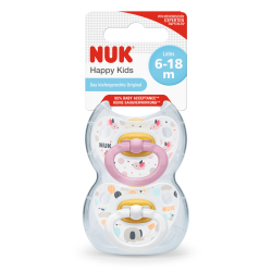 NUK Classic Happy Kids Latex-Schnuller, Latex-Babysauger mit kiefergerechter Form, 1 Packung = 2 Stück, Größe: 2 (6-18 Monate), farbig sortiert 10172103