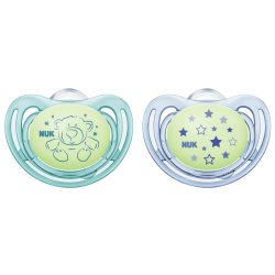 NUK Freestyle Night Schnuller, Silikon-Schnuller mit Leuchteffekt im Dunkeln, 1 Packung = 2 Stück, Größe: 18-36 m, farbig sortiert 10.177.142