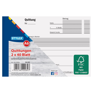 STYLEX® Quittungen, DIN A6 1 Block = 2 x 40 Blatt - Bild-Darstellung des Produktes 1