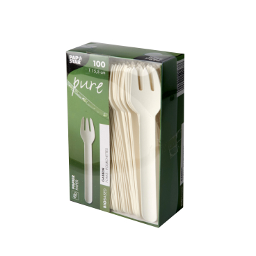 Papstar Pure Papier Gabeln, 15,5 cm, weiß 1 Karton = 10 Packungen à 100 Stück - Bild-Darstellung des Produktes 1