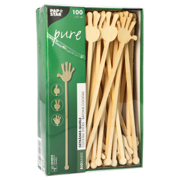 Papstar Pure Bambus Getränke-Quirle, Hands, 21 cm 1 Karton = 10 Packungen à 100 Stück - Bild-Darstellung des Produktes 1