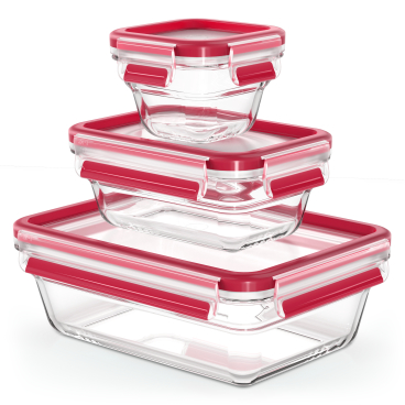 EMSA Clip & Close Frischhaltedosen Glas, 3-teiliges Set, rot Set besteht aus: 1 x 180 ml, 1 x 450 ml, 1 x 1300 ml Dosen - Bild-Darstellung des Produktes 1