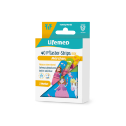 Lifemed GmbH Lifemed® Pflaster-Strips Box, 5,6 cm x 1,9 cm, Wiederverwendbare Zinkbox, 1 Box = 40 Stück, 3 Kids-Like Märchen Motiven 99561