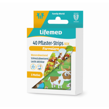 Lifemed® Pflaster-Strips Box, 5,6 cm x 1,9 cm 1 Box = 40 Stück, 3 Kids-Like Farmtier Motiven - Bild-Darstellung des Produktes 1