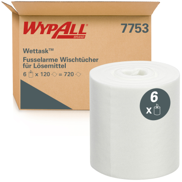WypAll® Reinigungstücher Wettask, weiß, perforiert 1 Karton = 6 Rollen à 120 Tücher = 720 Tücher - Bild-Darstellung des Produktes 1