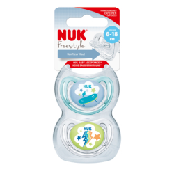 NUK Freestyle Silikon-Schnuller, Silikon-Schnuller mit kiefergerechtem Lutschteil , 1 Packung = 2 Stück, Größe: 2 (6-18 Monate), farbig sortiert 10.176.153