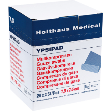 Holthaus Medical YPSIPAD Mullkompresse DIN EN 14079, steril 1 Packung = 25 x 2 Stück, Maße: 7,5 x 7,5 cm - Bild-Darstellung des Produktes 1