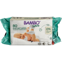 Abena Re-Seller GmbH Bambo® Nature Baby Feuchttücher, Haftklebeverschluss, Feuchte Tücher für empfindliche Babyhaut, 1 Packung = 80 Stück 1000012810