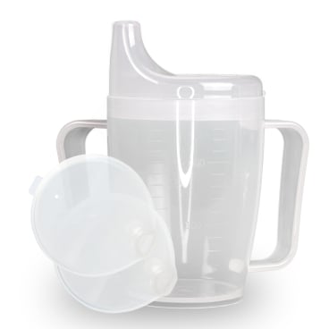 Dr. Junghans Einnehmbecher, Schnabeltasse Senioren, 2 Griffe 1 Becher mit zwei Griffen + 2 Deckel (4/12mm), milchig - Bild-Darstellung des Produktes 1