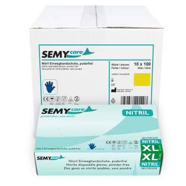 SemyCare Nitrilhandschuhe im Spenderkarton, puderfrei, blau 1 Karton = 10 Packungen à 100 Stück, Größe XL - Bild-Darstellung des Produktes 1