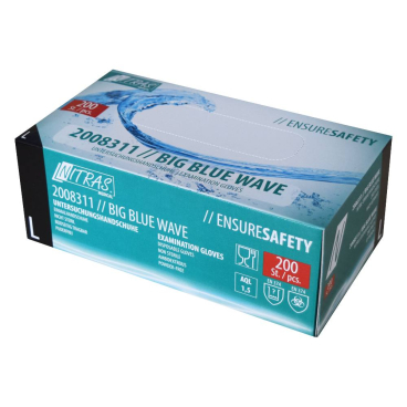 NITRAS BIG BLUE WAVE Nitril Einmalhandschuhe, blau 1 Karton = 10 Packungen = 2000 Stück, Größe M - Bild-Darstellung des Produktes 1