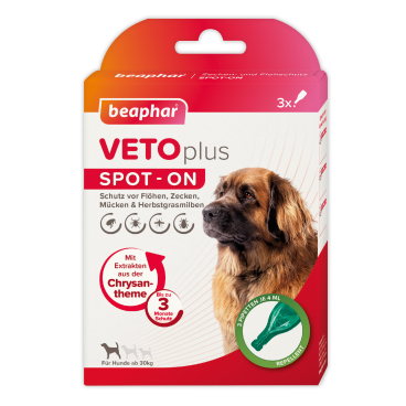 Beaphar VETOplus SPOT-ON Zecken- und Flohabwehr für Hunde 1 Packung = 3 x 4 ml, ab 30 kg für große Hunde - Bild-Darstellung des Produktes 1