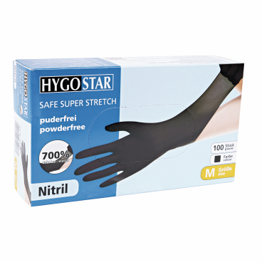 HYGOSTAR® Safe Super Stretch Nitrilhandschuhe, puderfrei, schwarz 1 Karton = 10 Packungen à 100 Stück, Größe M - Bild-Darstellung des Produktes 1