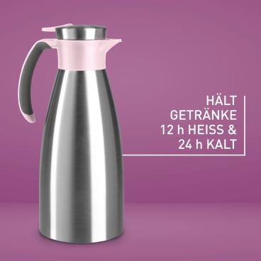 EMSA Soft Grip Isolierkanne, Quick Tip Verschluss – Fassungsvermögen: 1500 ml, Farbe: Edelstahl / Pink