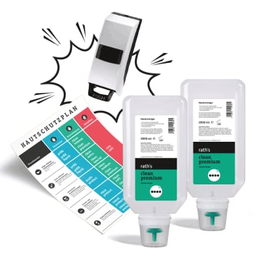 rath‘s Vorteilspaket clean premium, 5-teilig 1 Set = Wandspender, Handreiniger, Hautschutzplan - Bild-Darstellung des Produktes 1