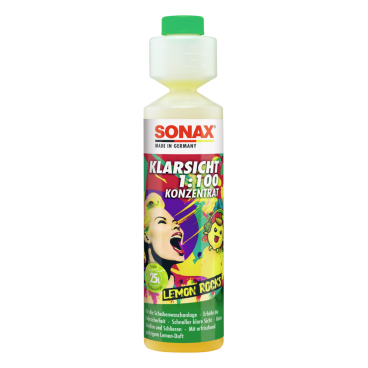 SONAX KlarSicht, Scheiben-Reiniger, Lemon Rocks, Konzentrat 1:100 250 ml - Dosierflasche - Citrus - Bild-Darstellung des Produktes 1