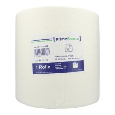 PrimeSource Putztuchrolle, 2-lagig, weiß, Zellstoff 1 Karton = 1 Rolle, 36,5 cm x 34 cm x 510 m, 1500 Abrisse - Bild-Darstellung des Produktes 1