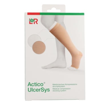 Actico® UlcerSys Kompressionsstrumpf, standard, sand/weiß 1 Set Größe XL, 1 Oberstrumpf sand + 2 Unterstrümpfe weiß - Bild-Darstellung des Produktes 1