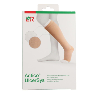 Actico® UlcerSys Kompressionsstrumpf, lang, sand/weiß 1 Set Größe XXL, 1 Oberstrumpf sand + 2 Unterstrümpfe weiß - Bild-Darstellung des Produktes 1