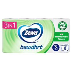 Essity Germany GmbH Zewa Bewährt Toilettenpapier, 3-lagig mit Strohanteil, Sanftig weiße Toilettentücher, 1 Packung = 8 Rollen à 150 Blatt 38791