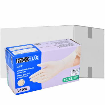 HYGOSTAR® Latexhandschuhe Grip, puderfrei, weiß 1 Karton = 10 Packungen à 100 Stück, Größe XL - Bild-Darstellung des Produktes 1