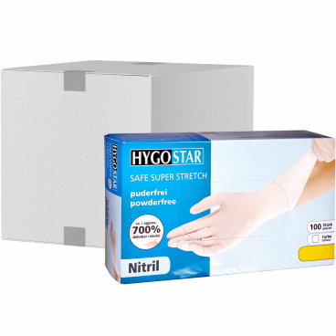 HYGOSTAR® Nitrilhandschuh Safe Super Stretch, puderfrei, weiß 1 Karton = 10 Packungen à 100 Stück, Größe XS (6) - Bild-Darstellung des Produktes 1