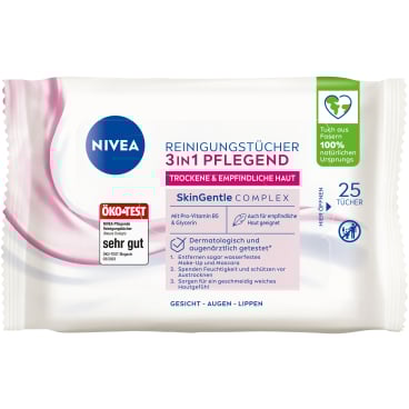 Nivea Reinigungstücher 3 in 1, für trockene und empfindliche Haut 1 Packung = 25 Reinigungstücher - Bild-Darstellung des Produktes 1