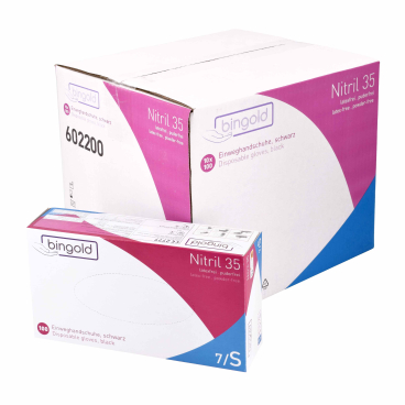 BINGOLD Nitril 35 Einweghandschuhe, puderfrei, schwarz 1 Karton = 10 Packungen à 100 Stück, Größe S - Bild-Darstellung des Produktes 1