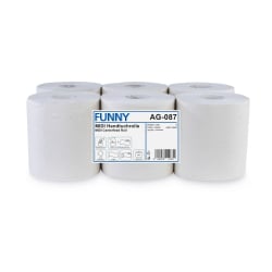 Plock GmbH Rollenhandtuchpapier, 1-lagig, weißlich, "Midi-Rolle", Innen- und Außenabwicklung, 1 Paket = 6 Rollen à ca. 320 Meter AG-087