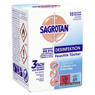 SAGROTAN Feuchte Tücher 1 Packung = 15 Tücher (einzeln verpackt) - Bild-Darstellung des Produktes 1